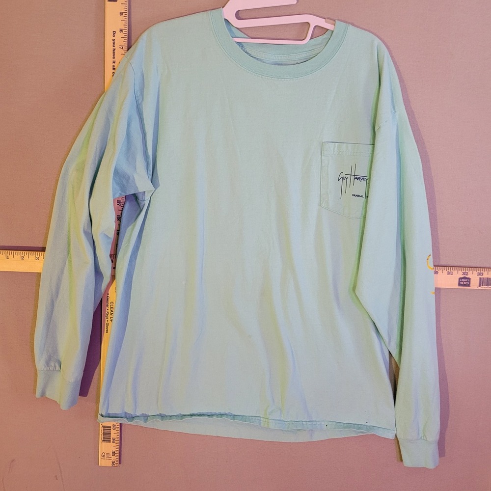 Guy Harvey Mens Large Long Sleeve Pocket T-Shirt Fishing Boat Marlin Mint Green